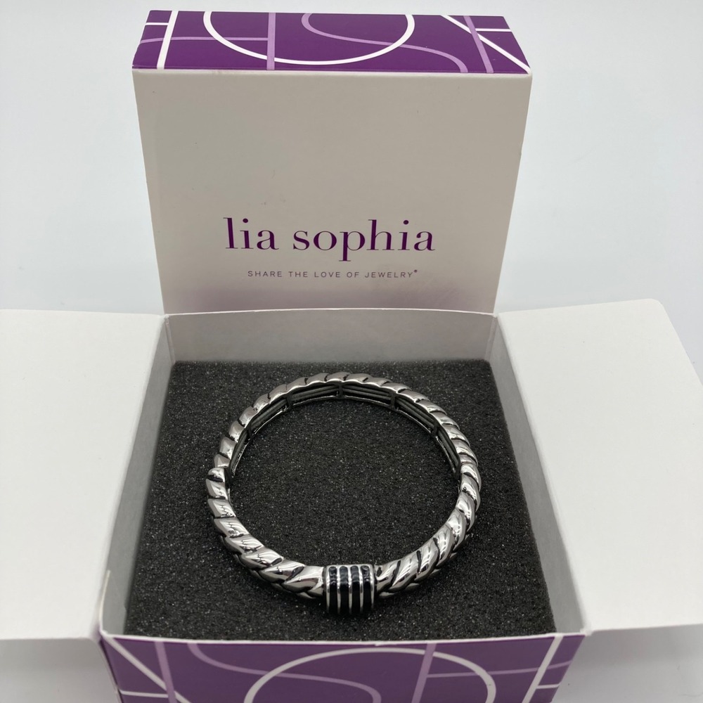 Lia Sophia Ravel Silver Twisted Stretch Bangle Bracelet Black Enamel S